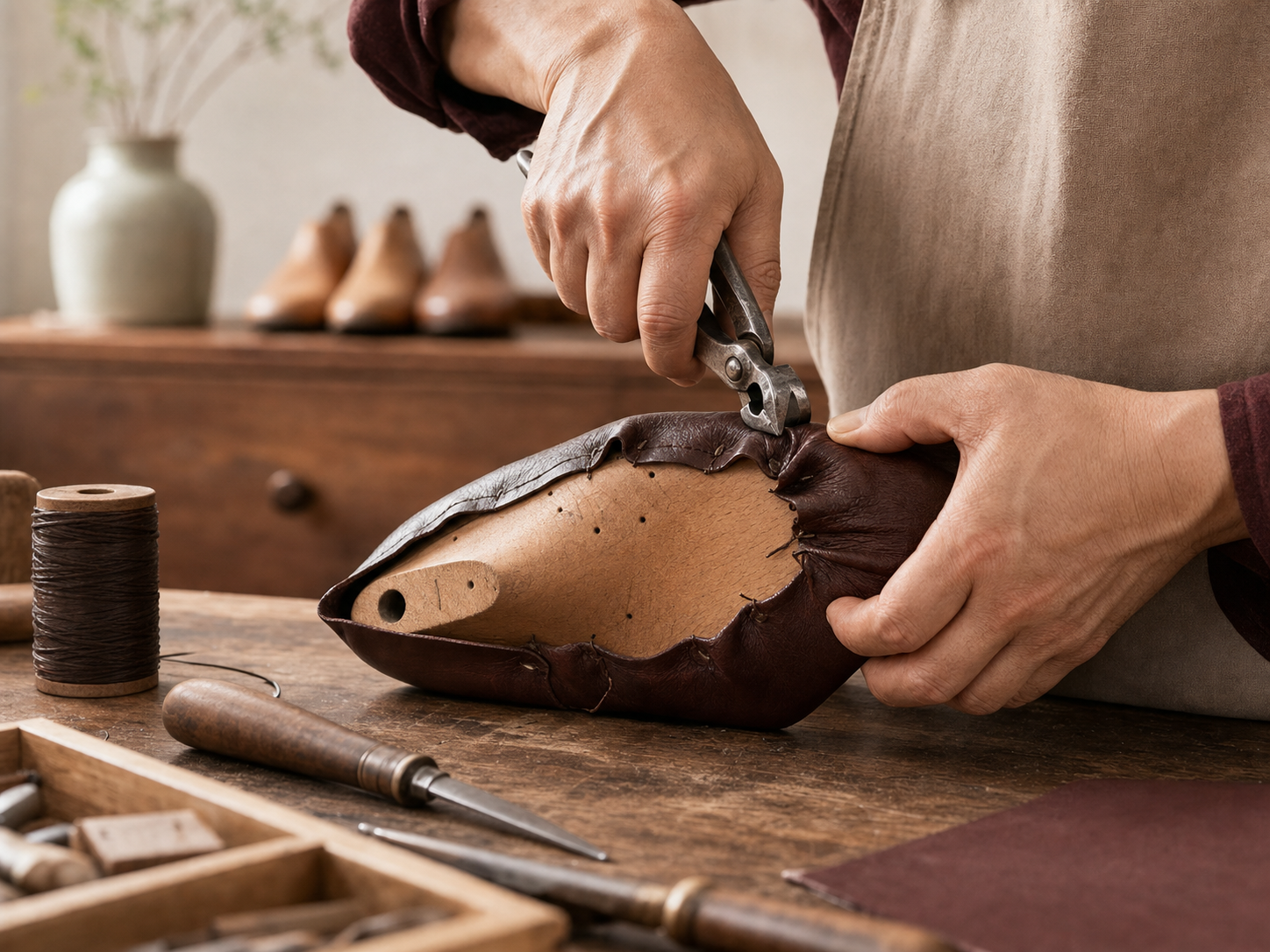 A shoemaker shaping a leather upper over a wooden last with lasting pliers